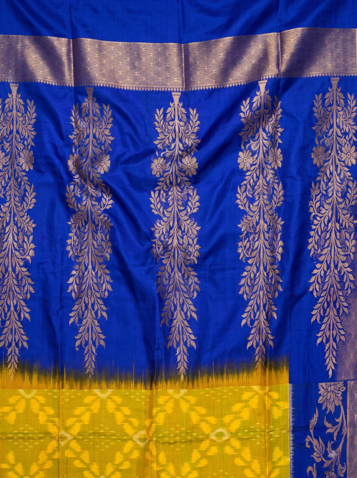 Yellow Royal Blue Chiniya Silk Gold Zari Floral Saree.