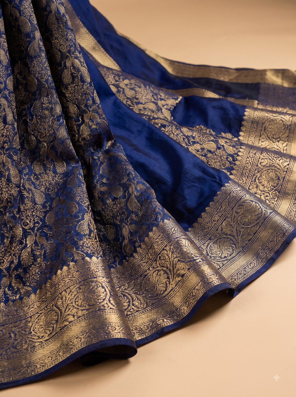 Navy Blue & Gold Tissue Saree with Floral Damask Zari Weave