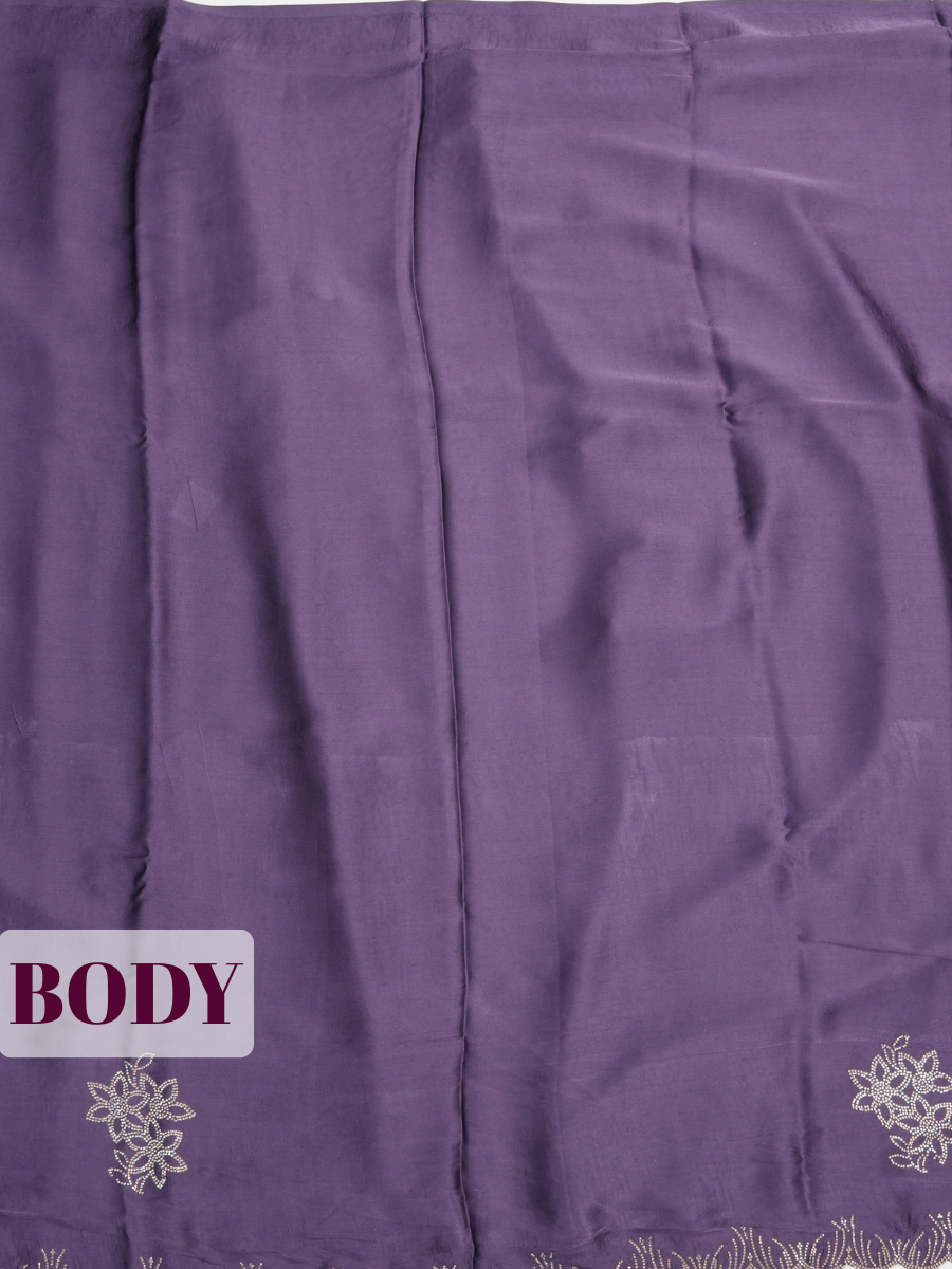 Dark Purple Satin Fancy Saree with Stone-Studded Border Design