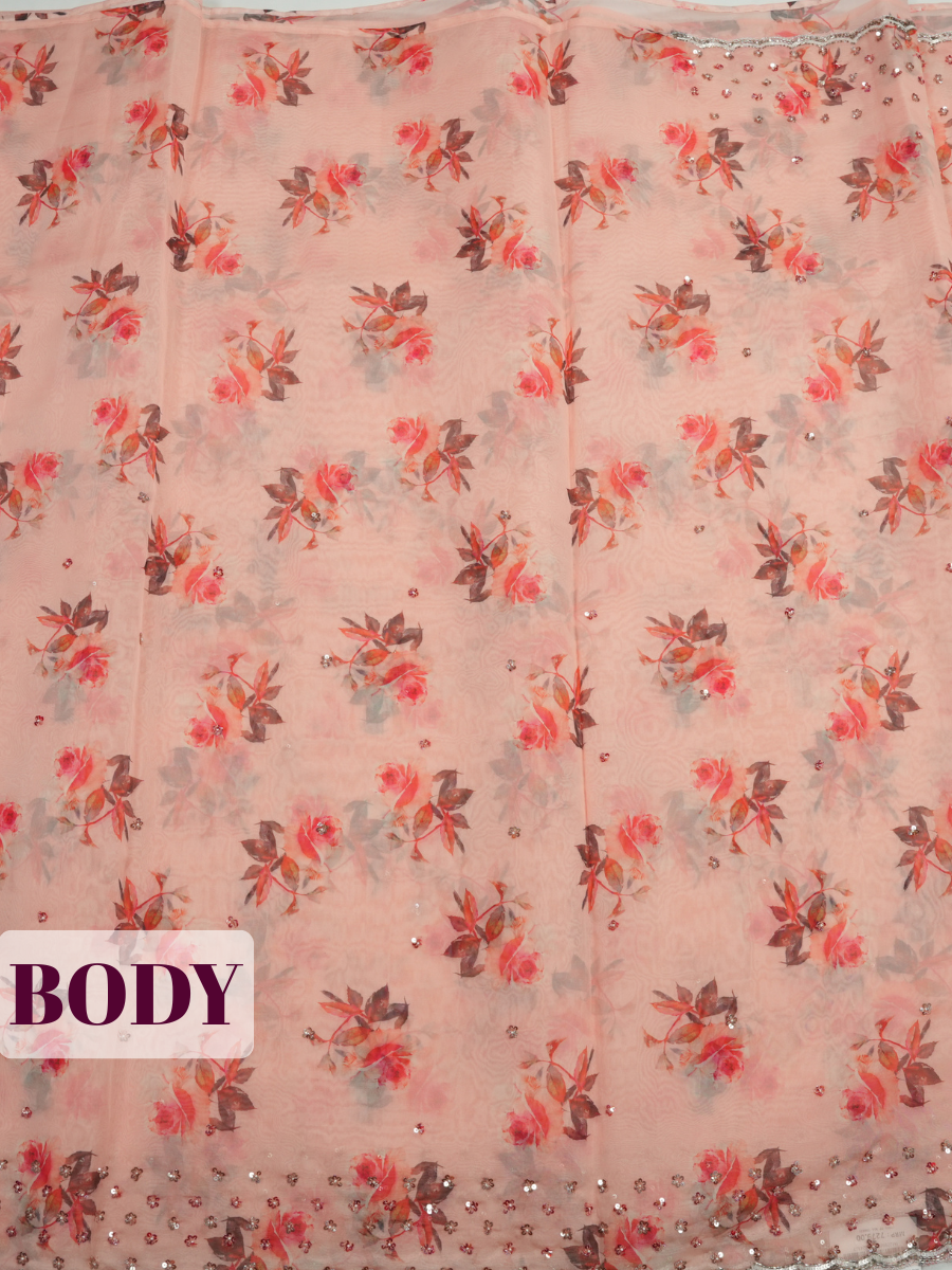 Baby Pink Organza Saree with Floral Print and Cutwork Border