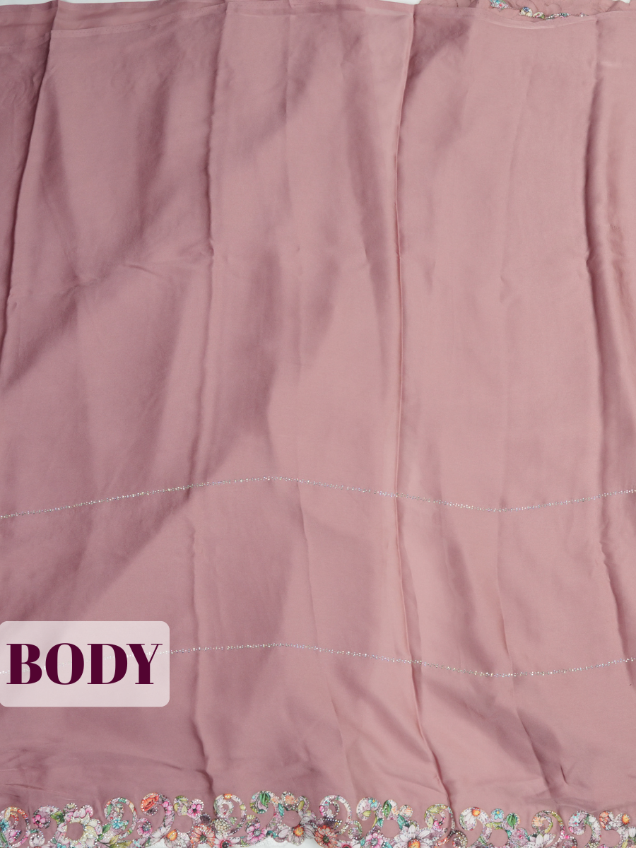 Rosewood Pink Satin Fancy Saree with Half-and-Half Floral Cutwork Border