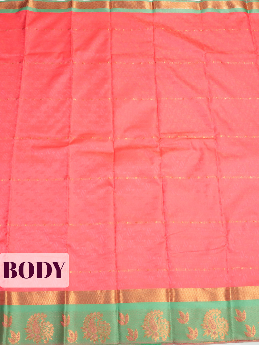 Coral Pink Bangalore Semi Silk Saree with Leaf Motif Zari Border