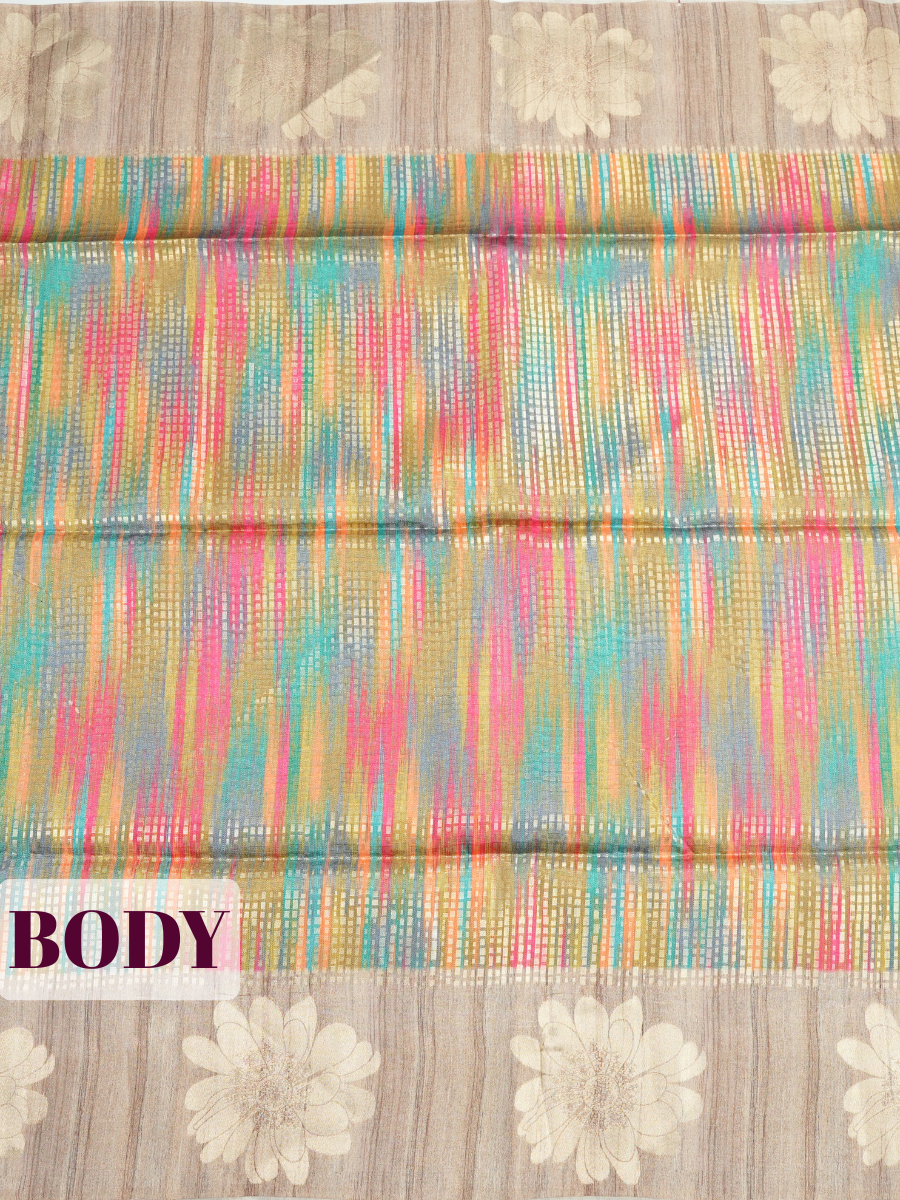 Multi color Semi Tussar Saree with Wide solid woven panel zari with flower
