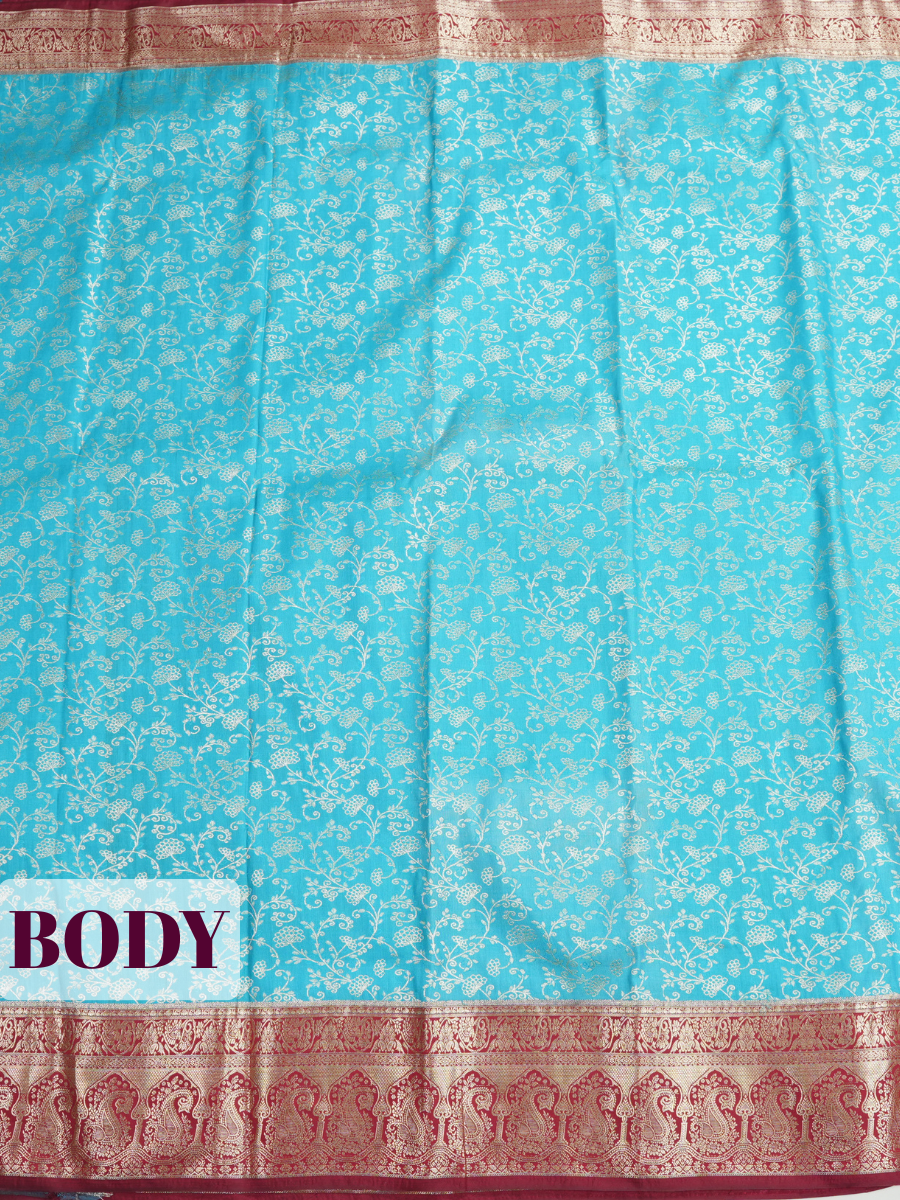 Blue Brocade Kanjivaram Semi Silk Saree with A zari floral paisley border