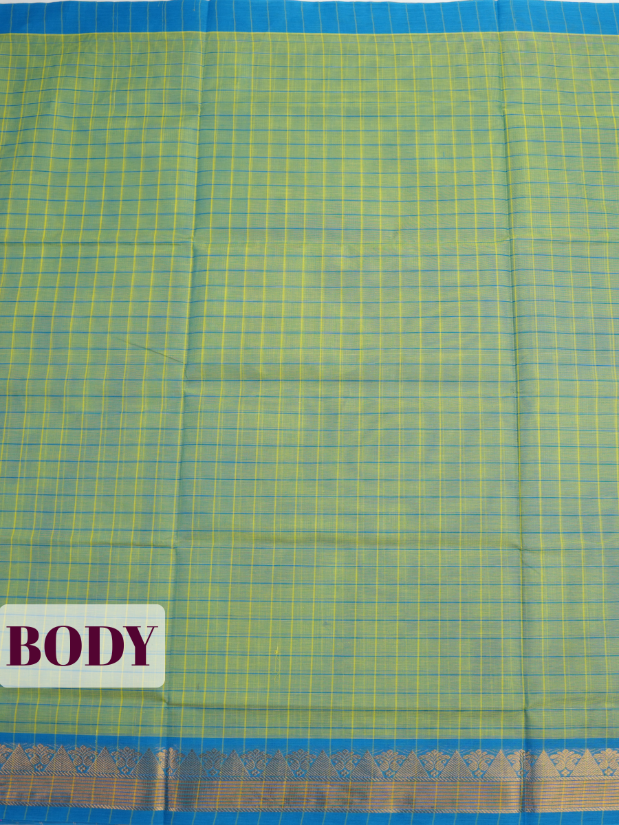 Lime Green Venkatagiri Cotton Saree with Zari Temple Chevron Border