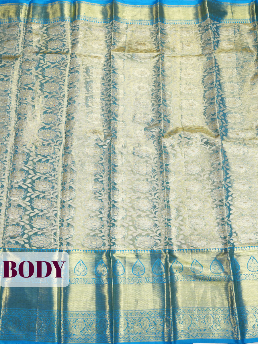 Blue Pure Kanchipuram Tissue silk Saree with Floral Geometric Zari Border
