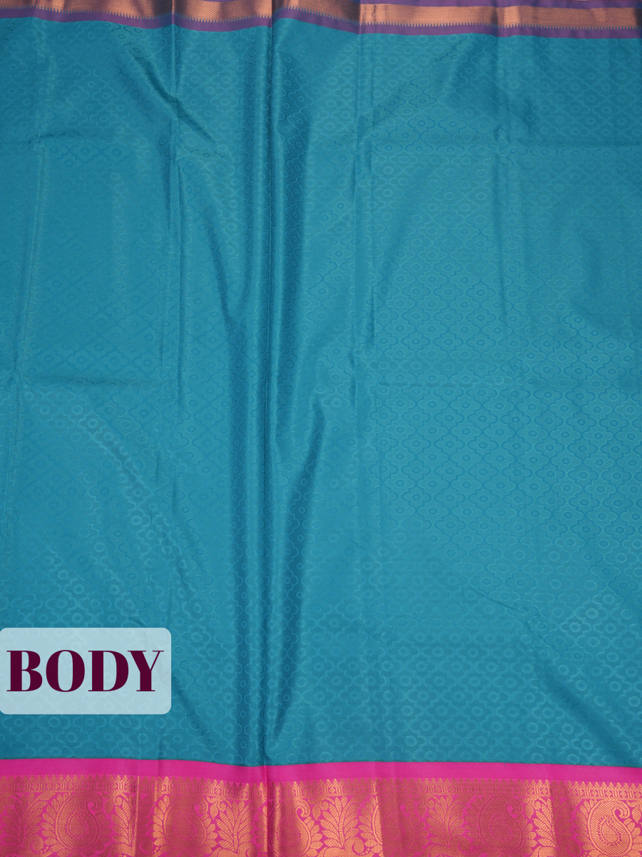 Teal Blue Bangalore Silk Saree with Magenta Floral Zari Pallu