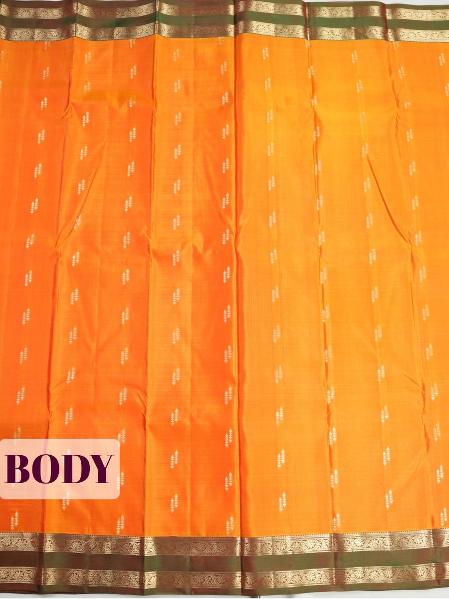 Orange Pure Kanchipuram Saree with Paisley Vine Zari Border