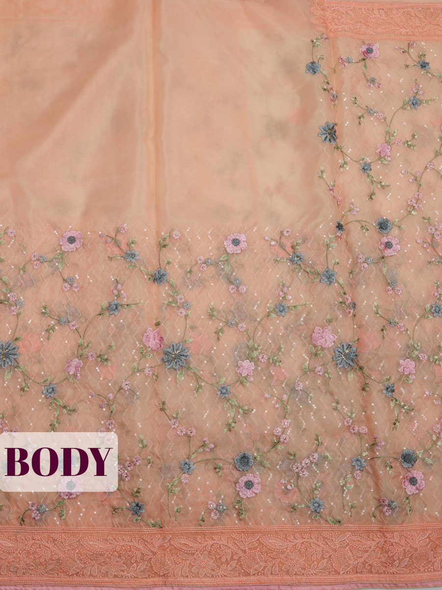 Pink Organza Saree with Embroidered Floral Lace Mesh Border