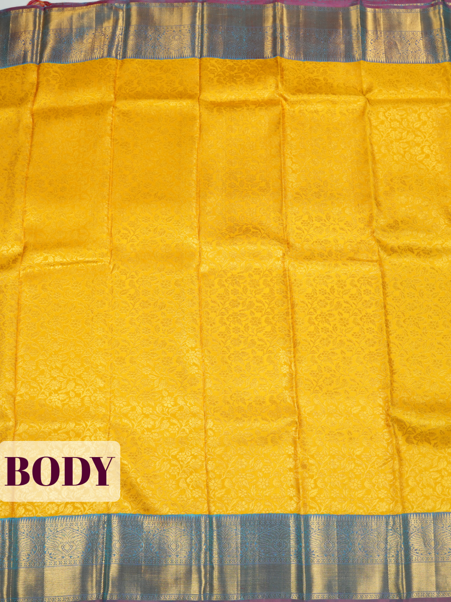 Yellow Kanchipuram Saree with Paisley and Floral Gold Zari Border