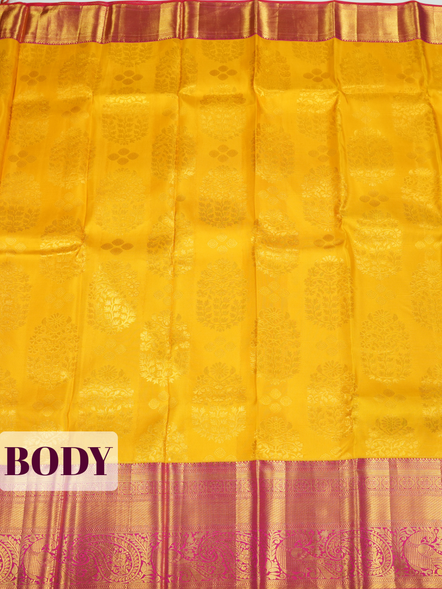 Yellow Kanchipuram Saree with Peacock and Floral Zari Border