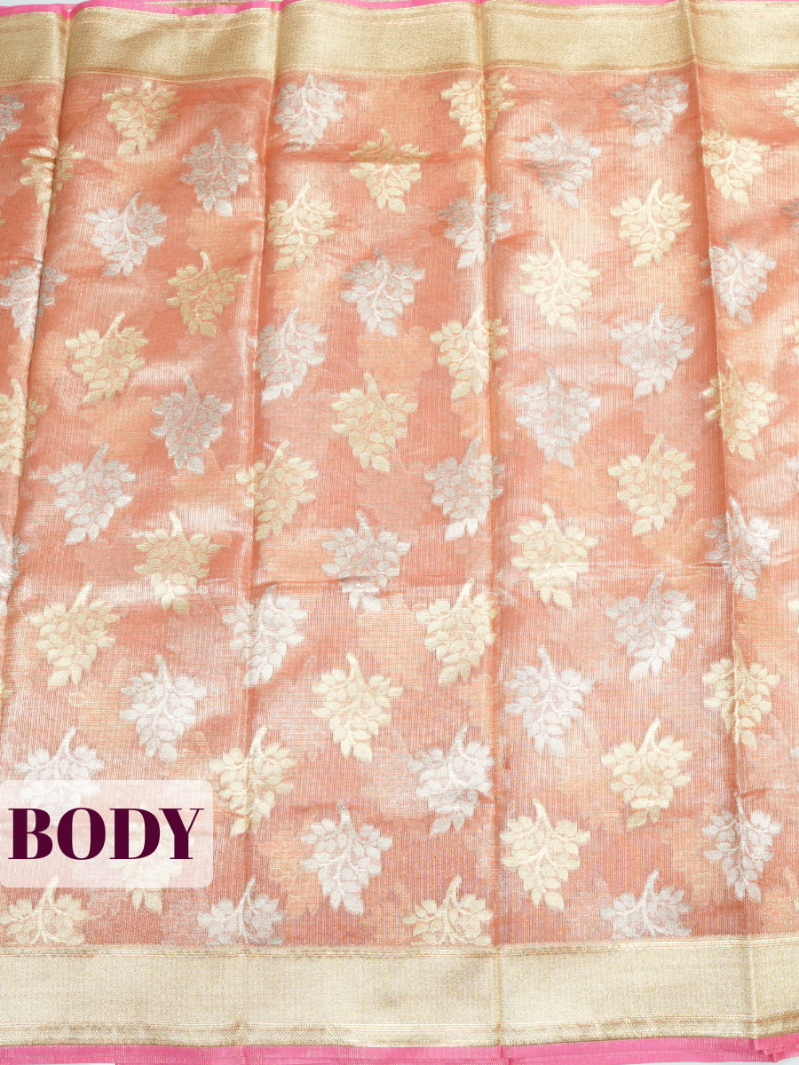 Peach Kota Zari Saree with Chevron Zari Border