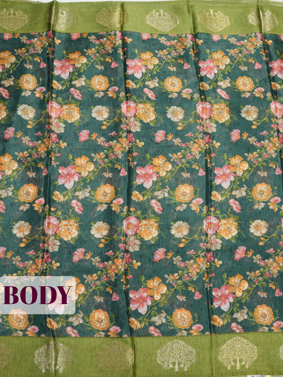 Bottle Green Tissue Crepe Fancy Saree with Floral Print and Metallic Border