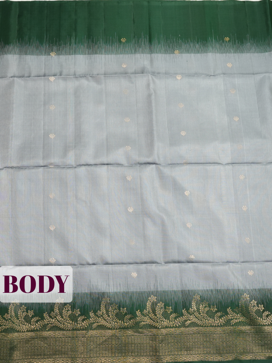 grey Pure Silk Saree with Floral Vine Temple Zari Border