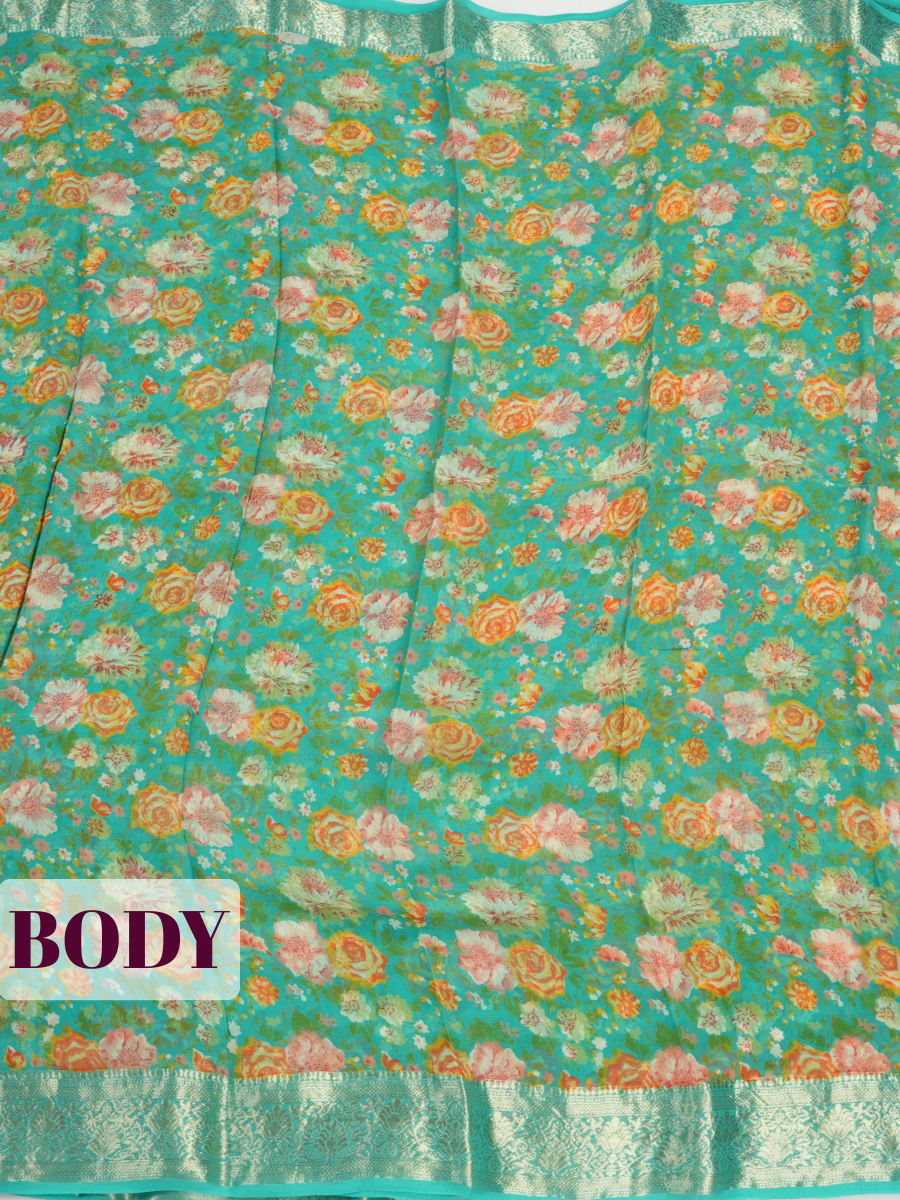 Green Semi Chiffon Saree with Floral Border Design