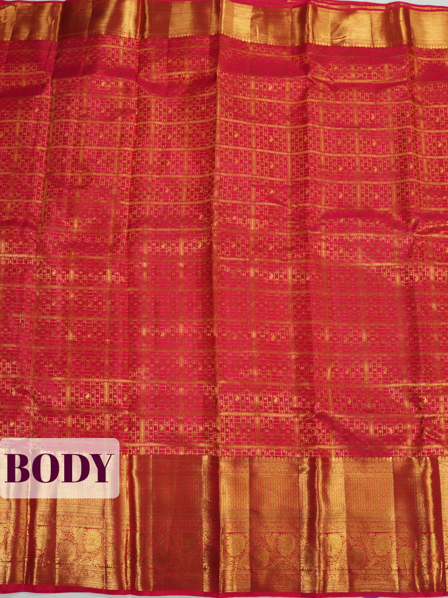 Red Kanchipuram Saree with Peacock and Geometric Zari Border