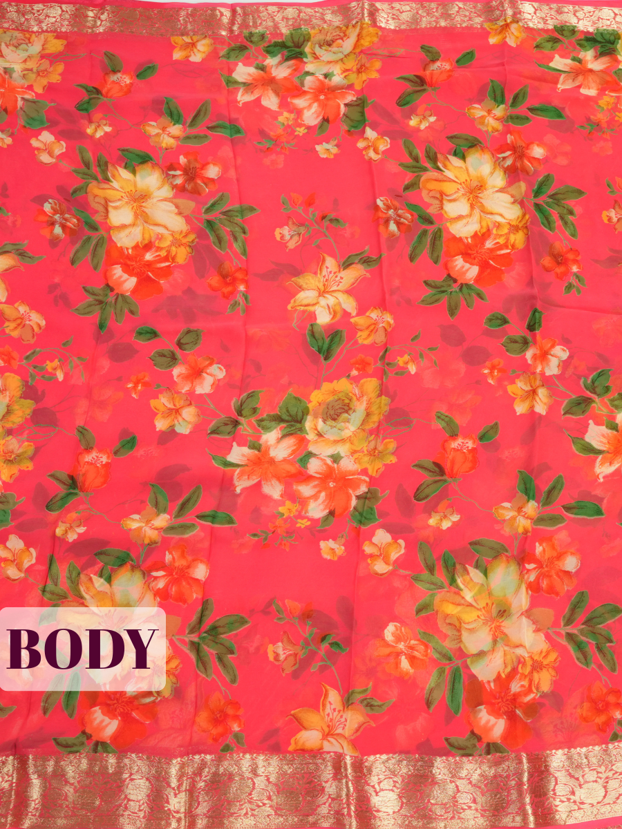 Rani Pink Semi Chiffon Saree with Traditional Floral Border