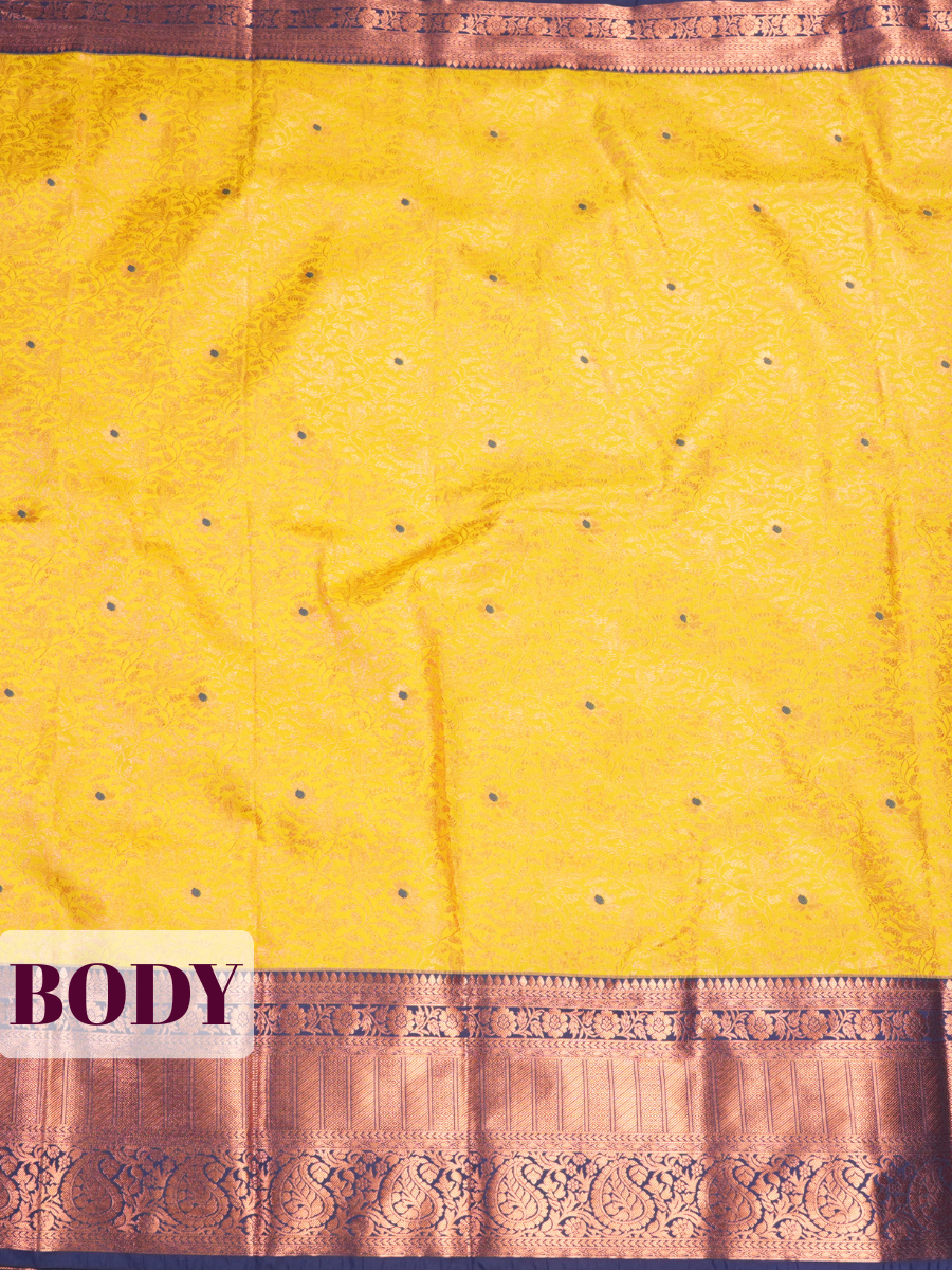 Mustard Yellow Semi Kanjivaram Silk Saree with Kanchipuram Temple Border