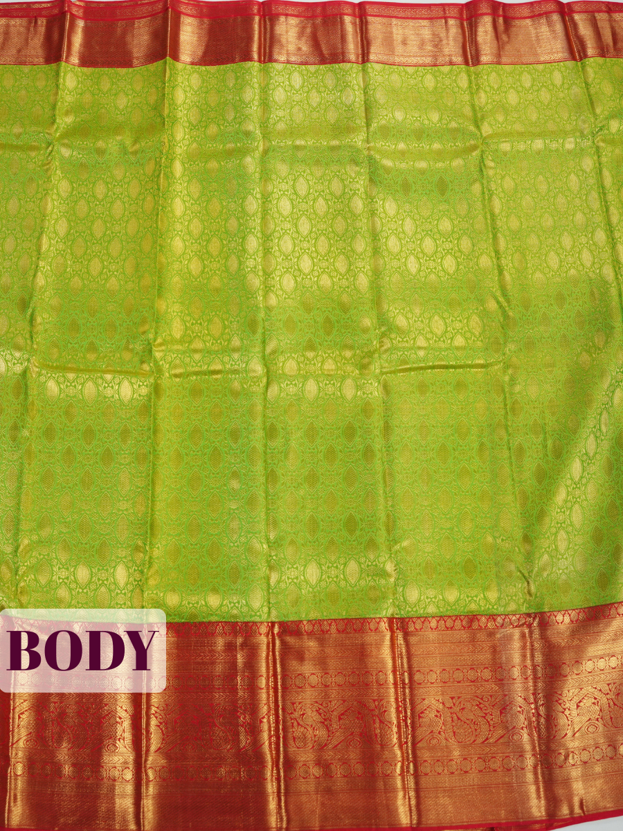 Parrot Green Kanchipuram Saree with Peacock Paisley Zari Border