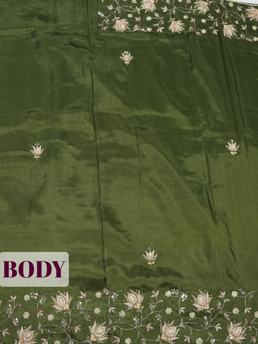 Green Pure Silk Fancy Saree with Zardozi Floral Vine