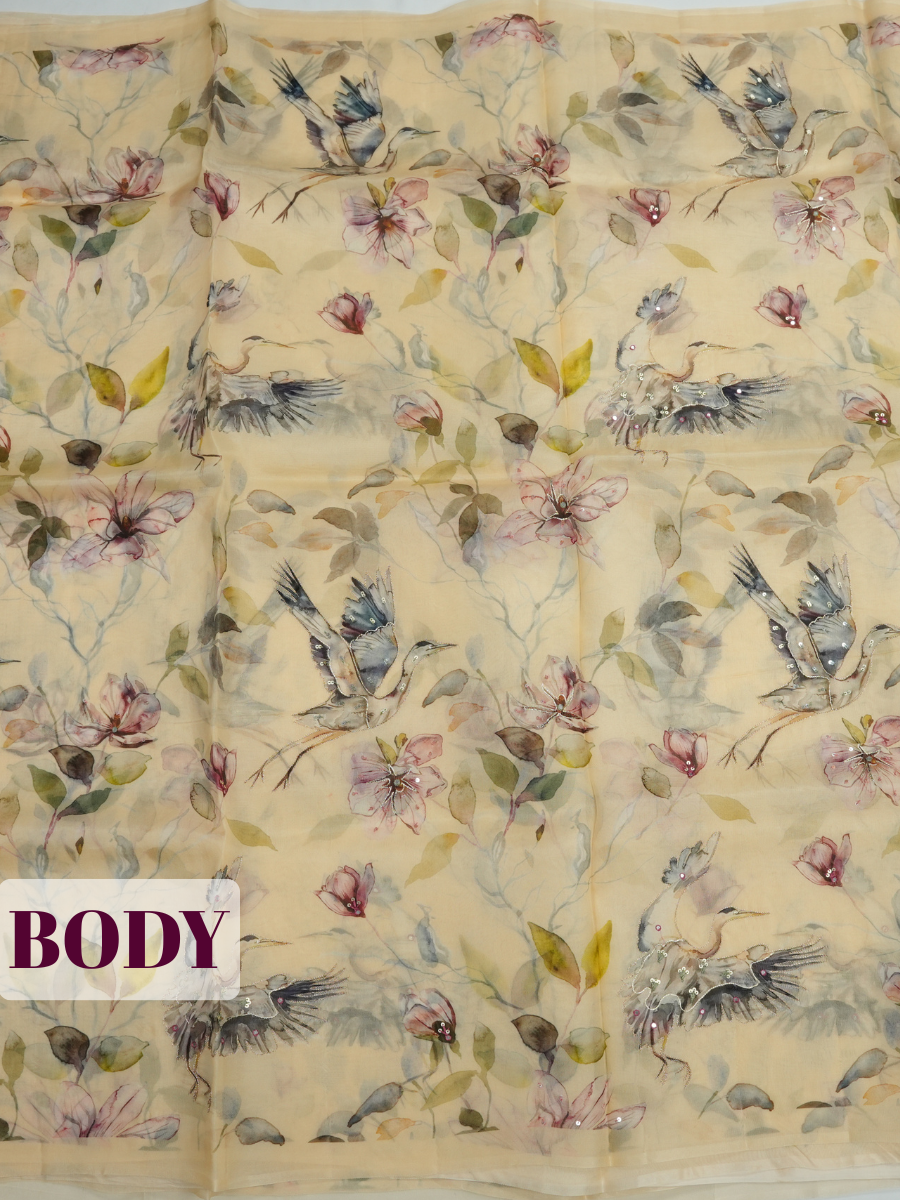 Cream Organza Saree with Bird and Botanical Print