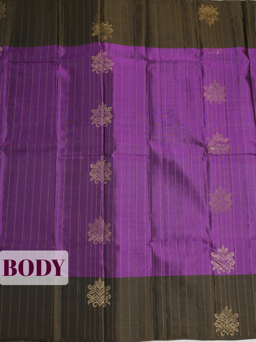 Purple Pure Kanchipuram Saree with Single Flower Motif Striped Border