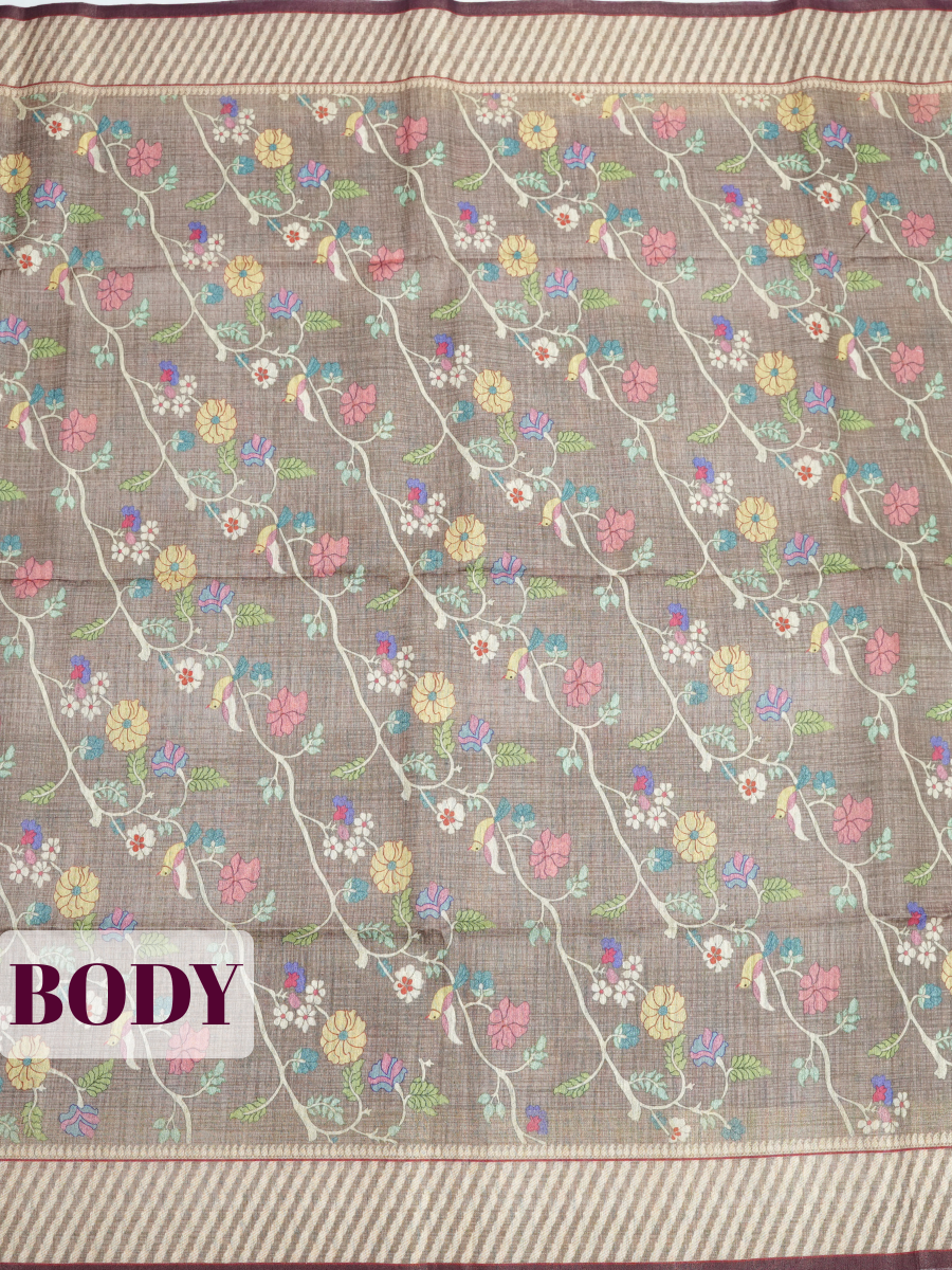 Mocha Brown Semi Tussar Saree with Traditional Kalamkari floral with stripe