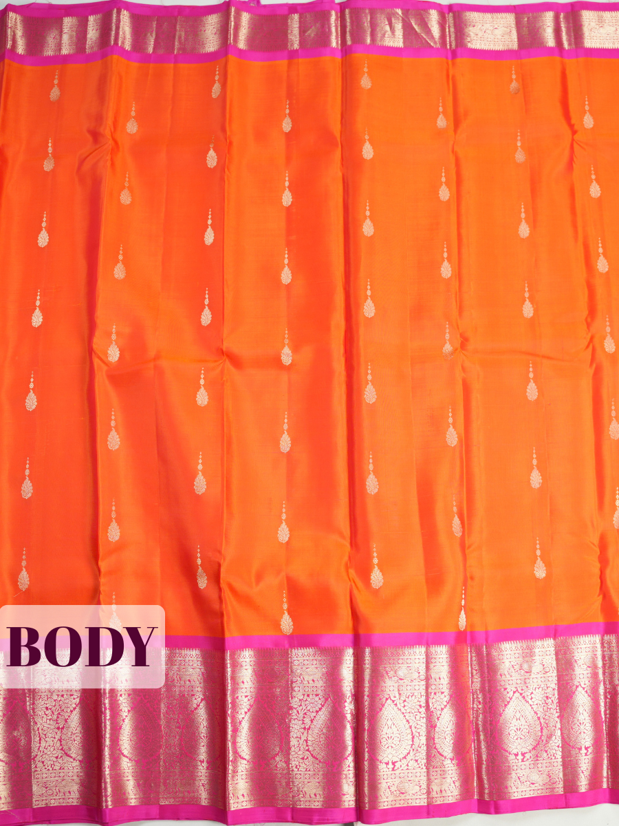 Orange Pure Kanchipuram Saree with Broad Paisley Floral Zari Border