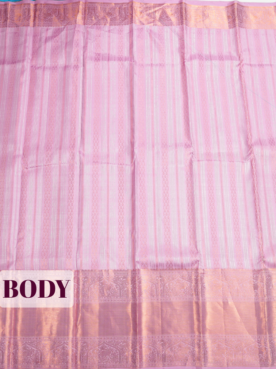 Pink Pure Kanjivaram Silk Saree with A copper-zari peacock and arch brocade border