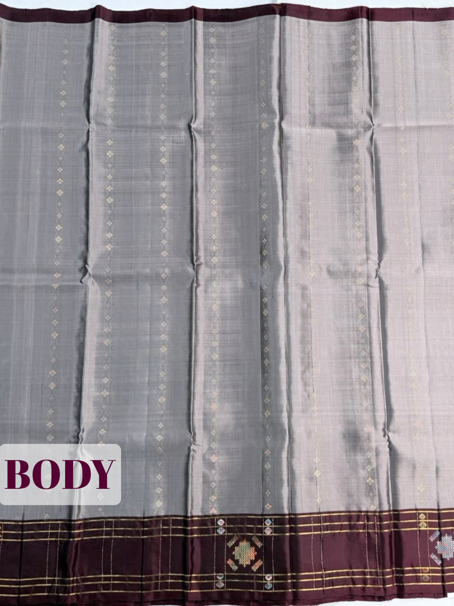 Grey Cotton Saree with Wine Contrast Geometric Zari Border