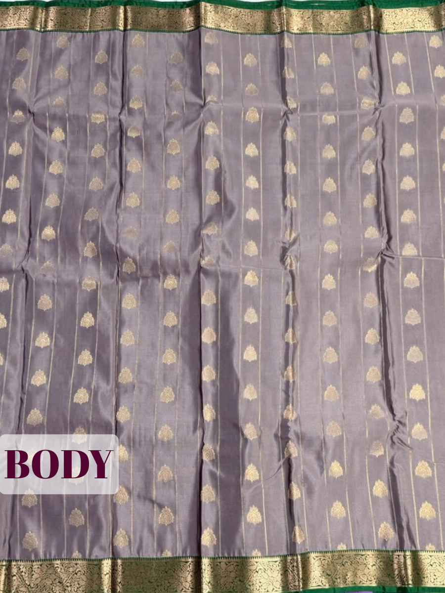 Grey Arni Silk Saree with Green Zari Border
