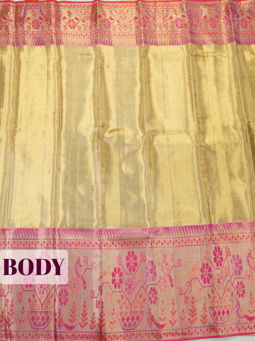 Antique Beige Gold Pure Kanjivaram Tissue Saree with Paithani Style Floral Border