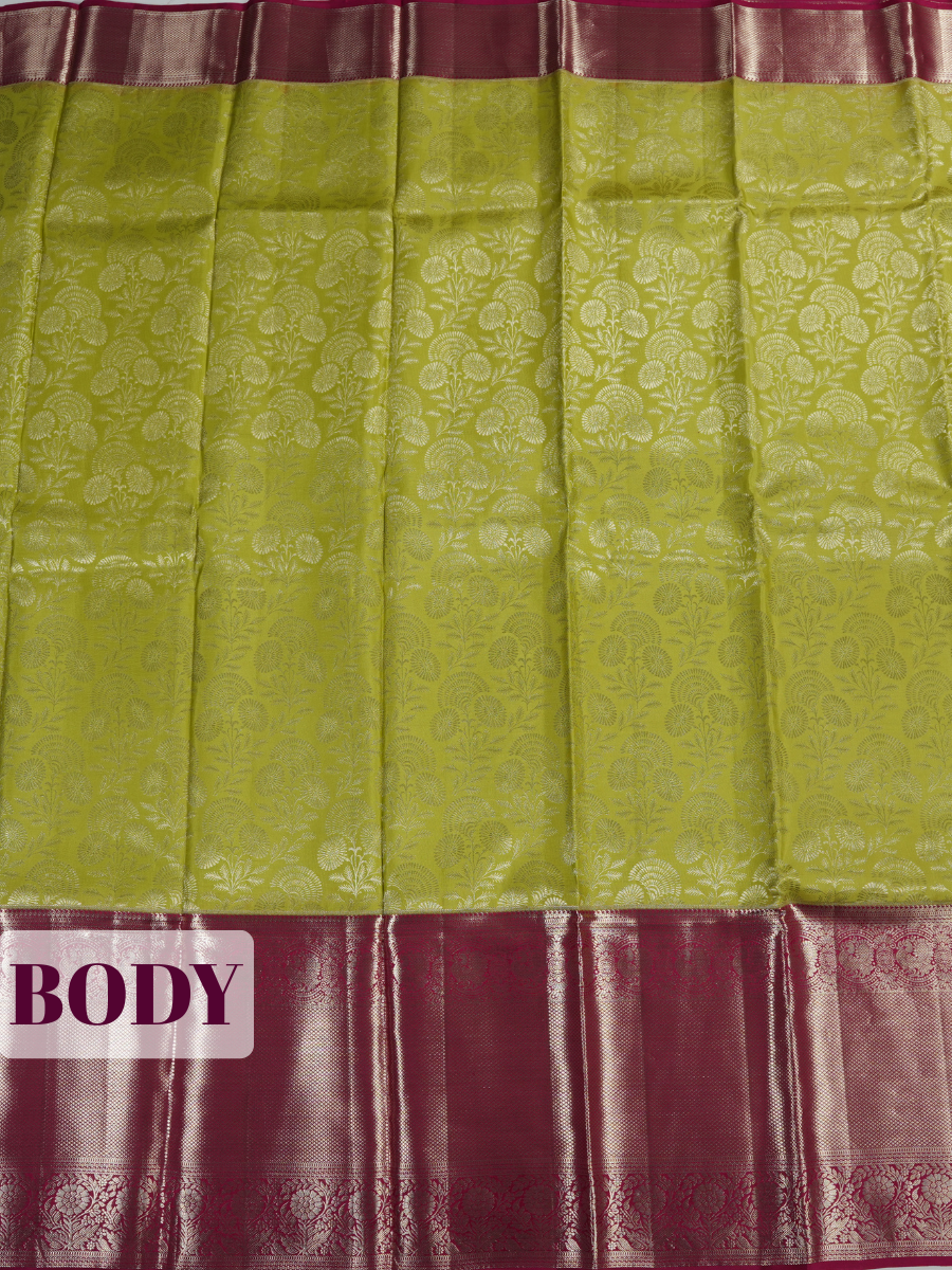 Parrot Green Kanchipuram Saree with Peacock Floral Zari Border