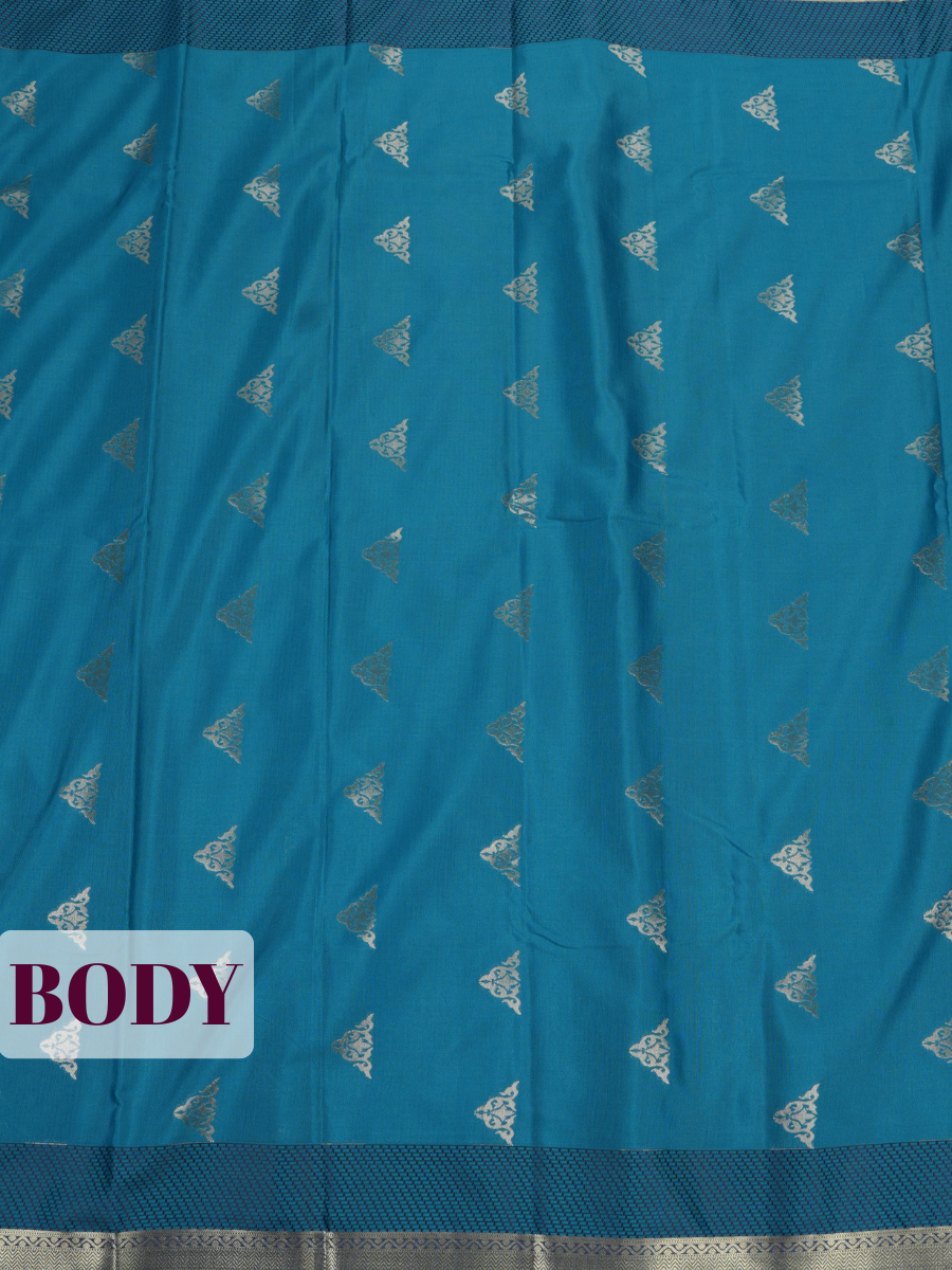 Turquoise Blue Silk Saree with Silver Butti Motifs and Woven Zari Pallu