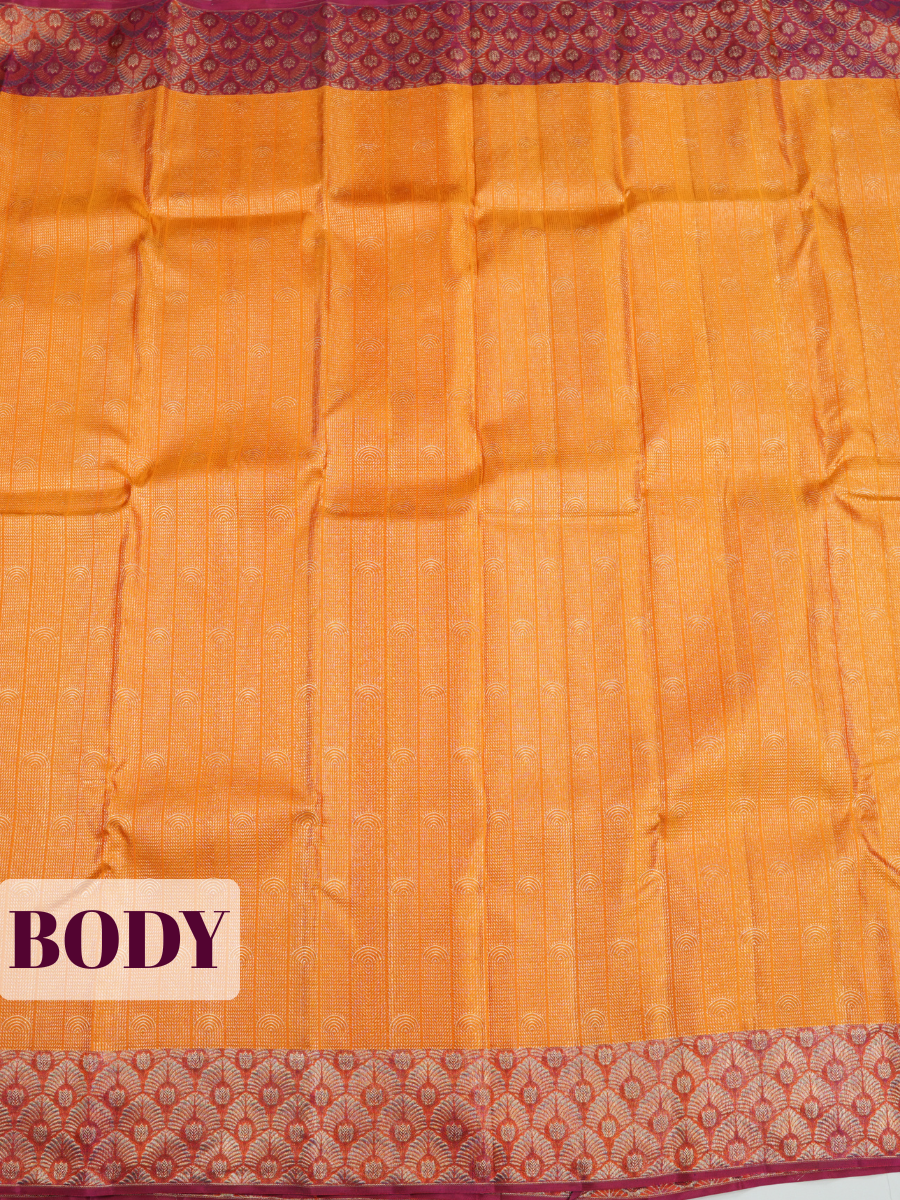 Yellow Kanchipuram Saree with Maroon Contrast Feather Motif Border