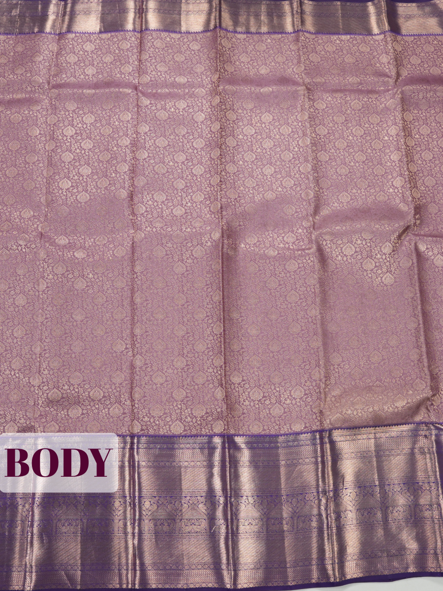 Lavender Grey Pure Kanjivaram Bridal Saree with Floral Zari Border with Zigzag Lines