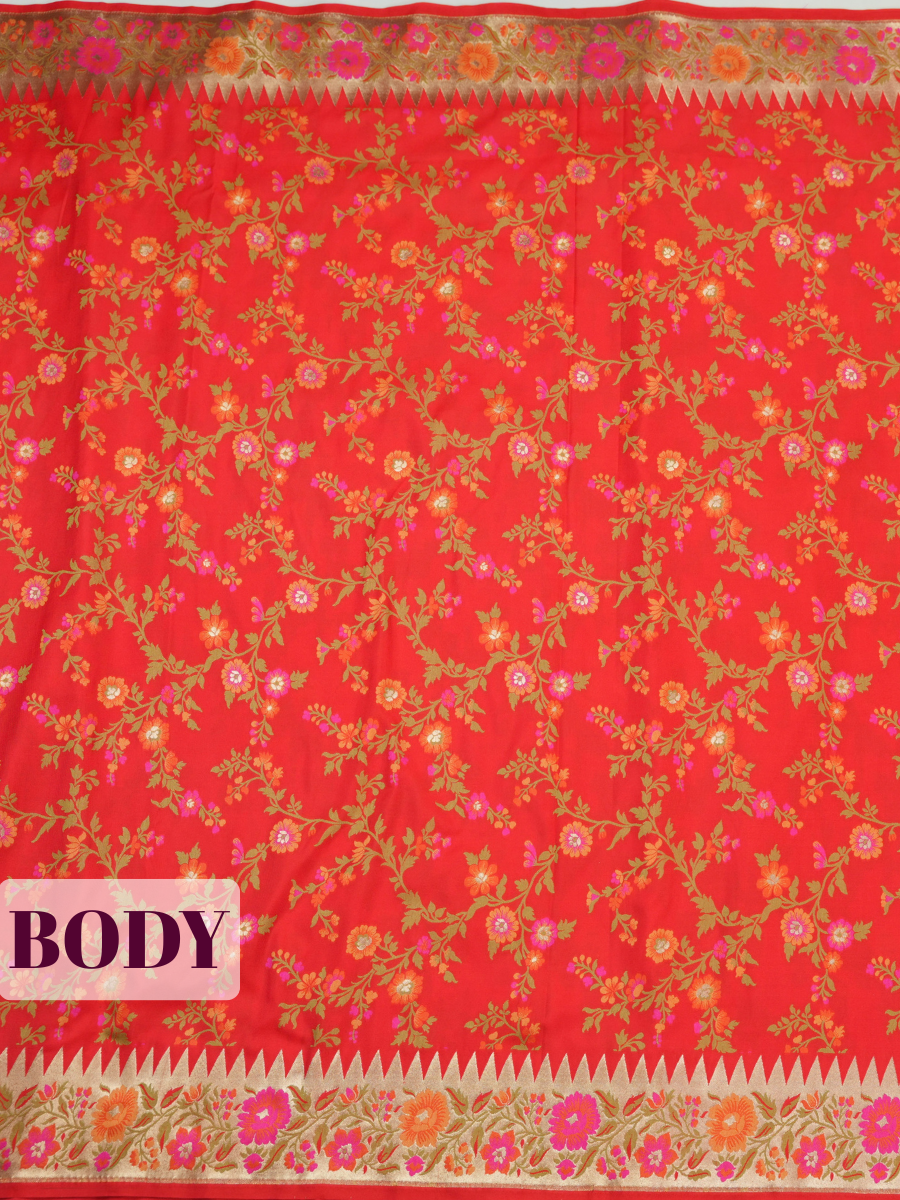 Red Banarasi Silk Saree with Multicolour Floral Jaal