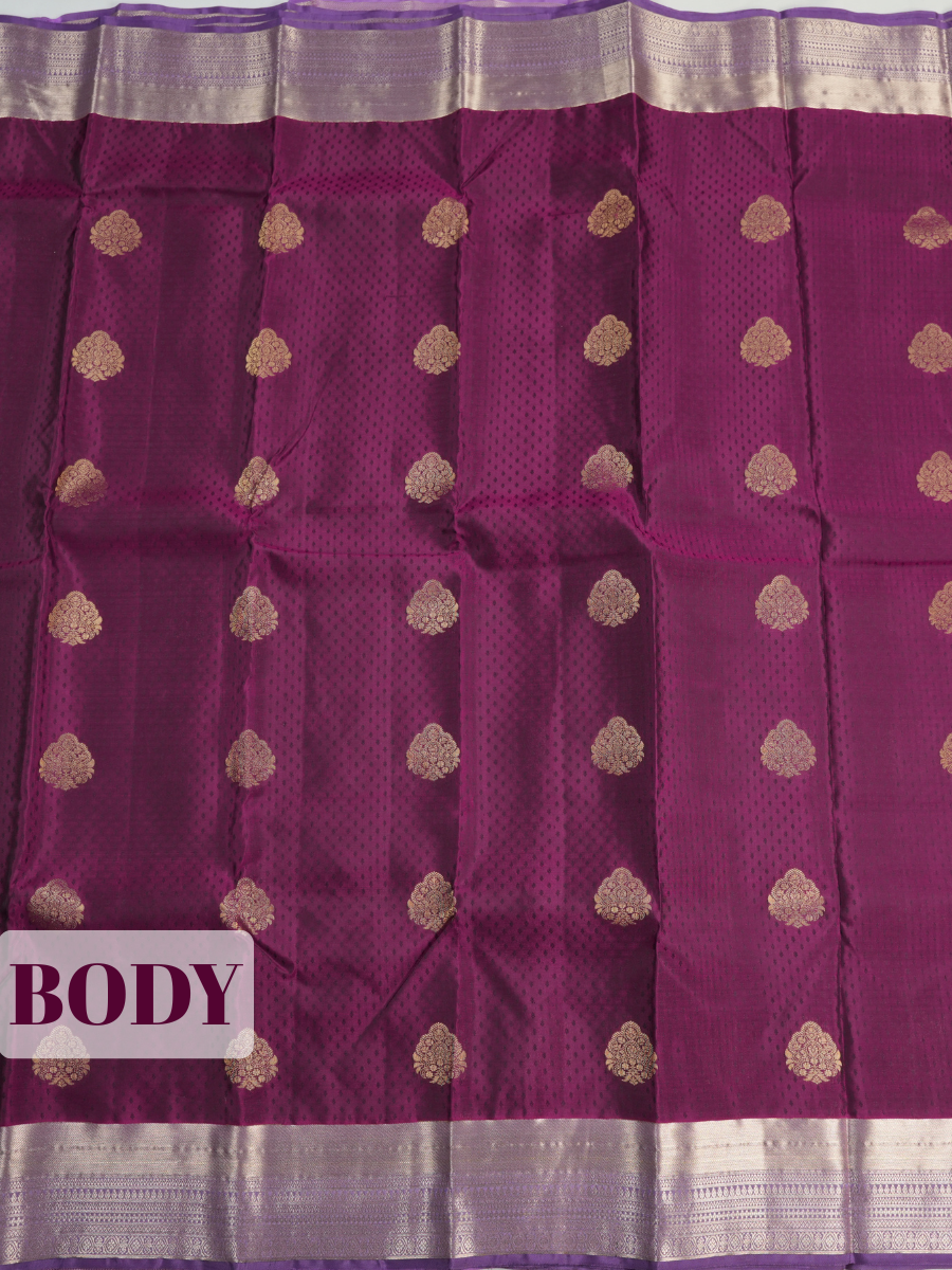 Purple Pure Kanchipuram Saree with Broad Geometric Floral-Vine Zari Border