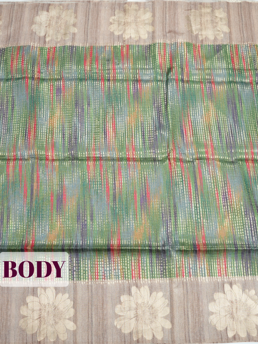 Green Semi Tussar Saree with Muted Taupe Floral Zari