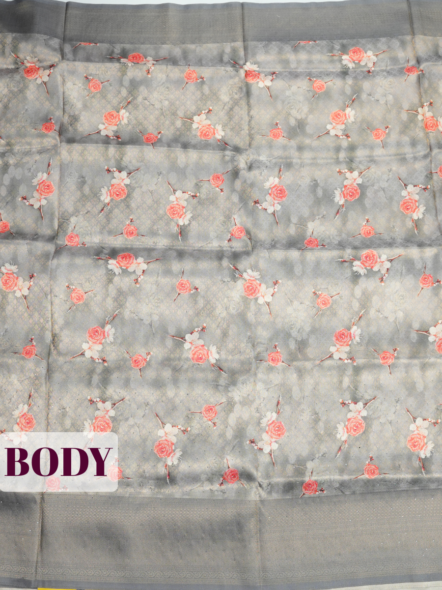 Grey Bangalore Sof Silk Saree with Micro-Diamond Geometric Border