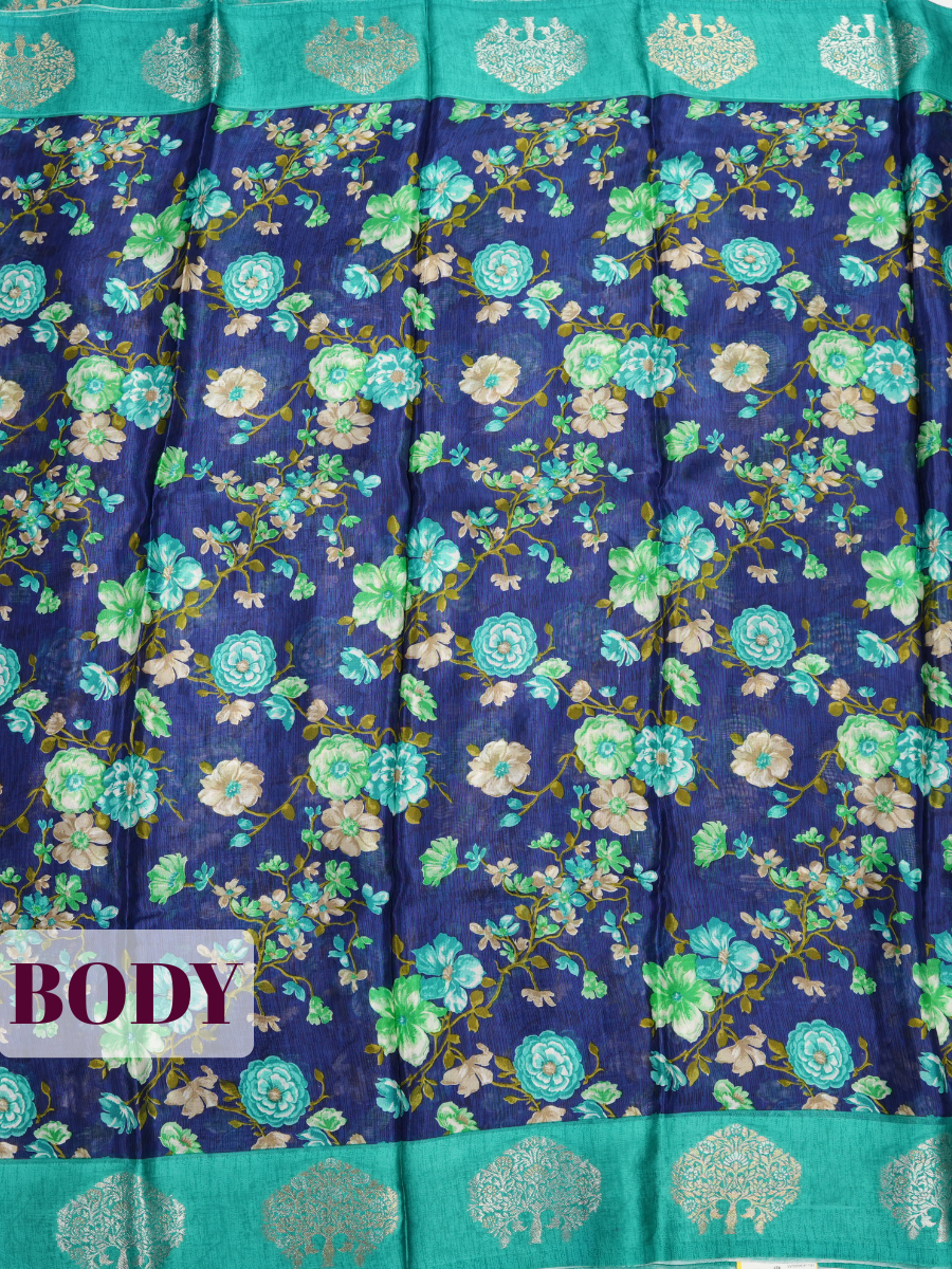 Ink Blue Tissue Crepe Fancy Saree with Floral Print with Golden Butti Motifs