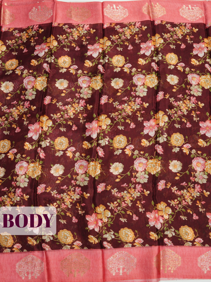 Maroon Tissue Crepe Fancy Saree with Multicolour Floral and Leaf Print