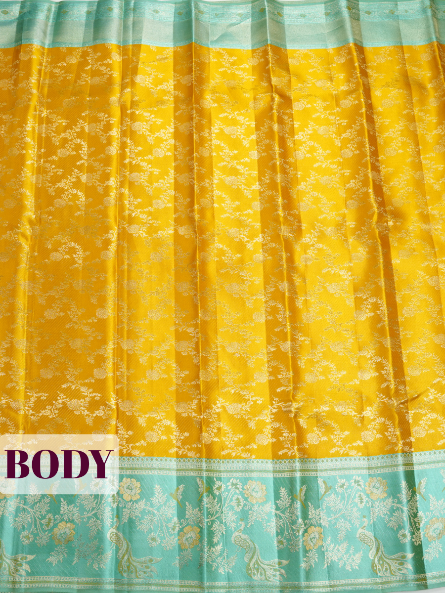 Mustard Yellow Kanchipuram Silk Saree with Peacock and Floral Zari Border