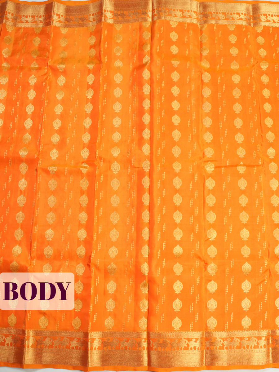 Orange Pure Kanchipuram Saree with Floral Paisley Vine Zari Border