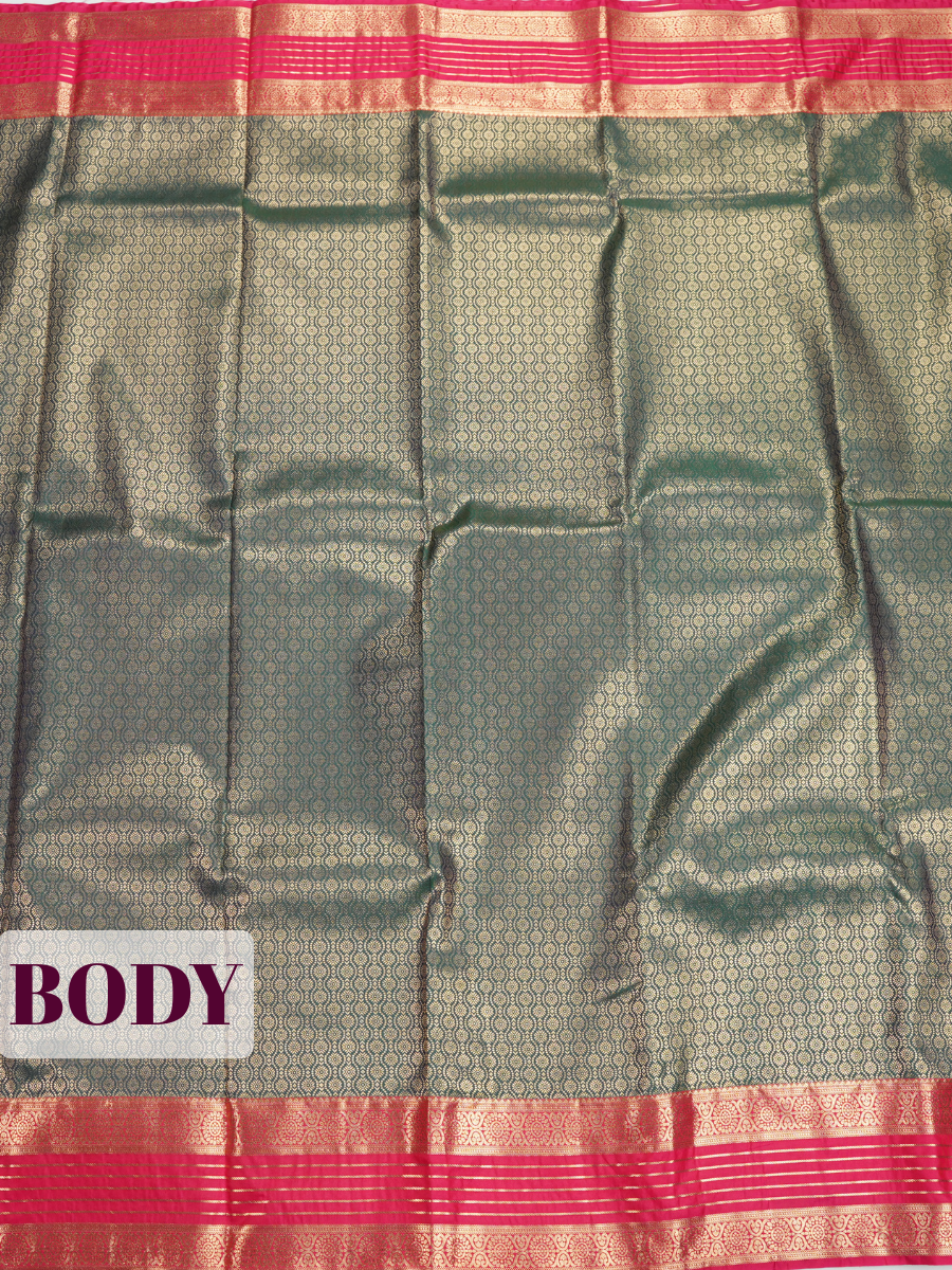 Dark green Semi Bridal Kanchipuram Silk Saree with Floral Geometric Zari Border