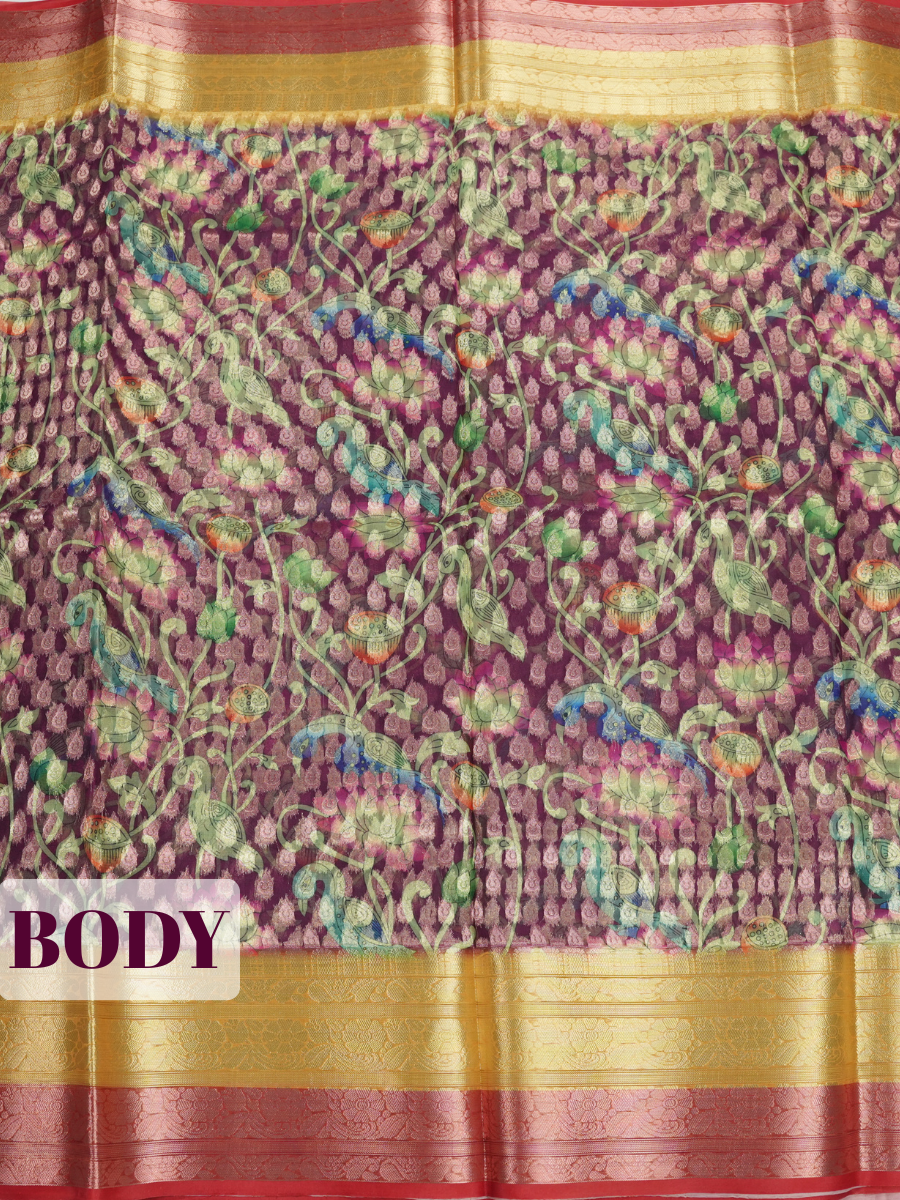 Purple Semi Organza Saree with dual band contrast zari with metallic