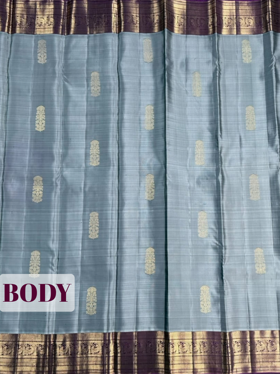 Grey Arni Silk Saree with Purple Contrast Zari Border