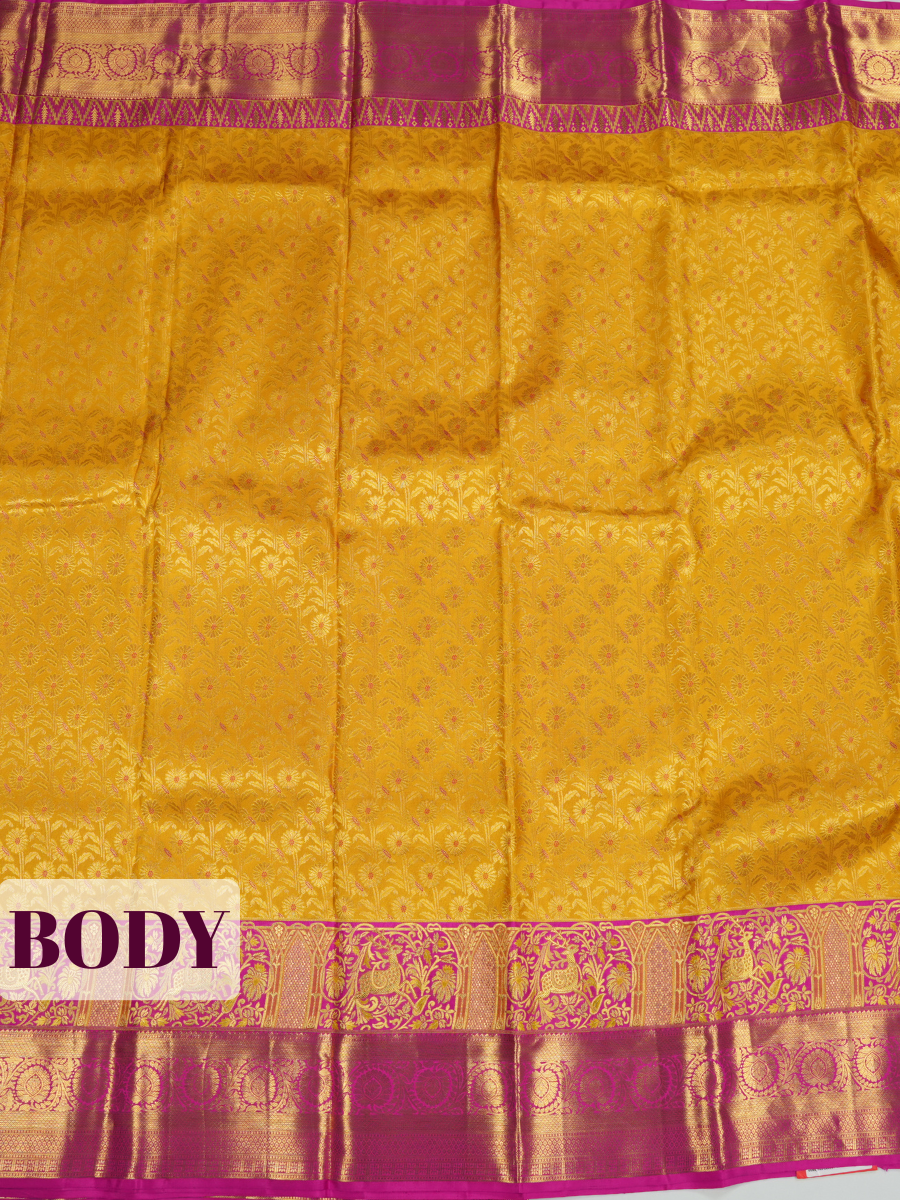 Yellow Kanchipuram Saree with Peacock and Temple-Arch Zari Border