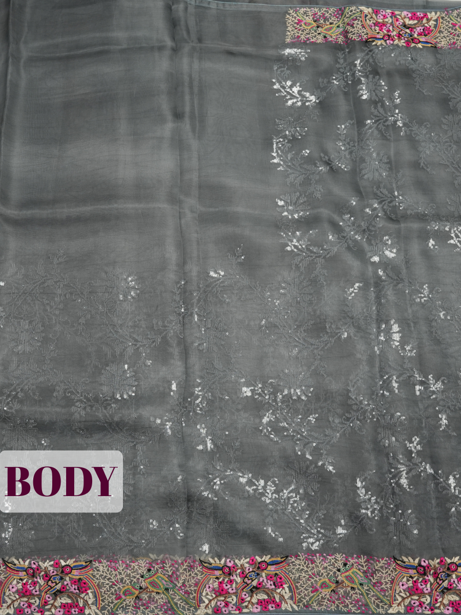 Grey Organza Saree with Kashmiri Floral Embroidered Border