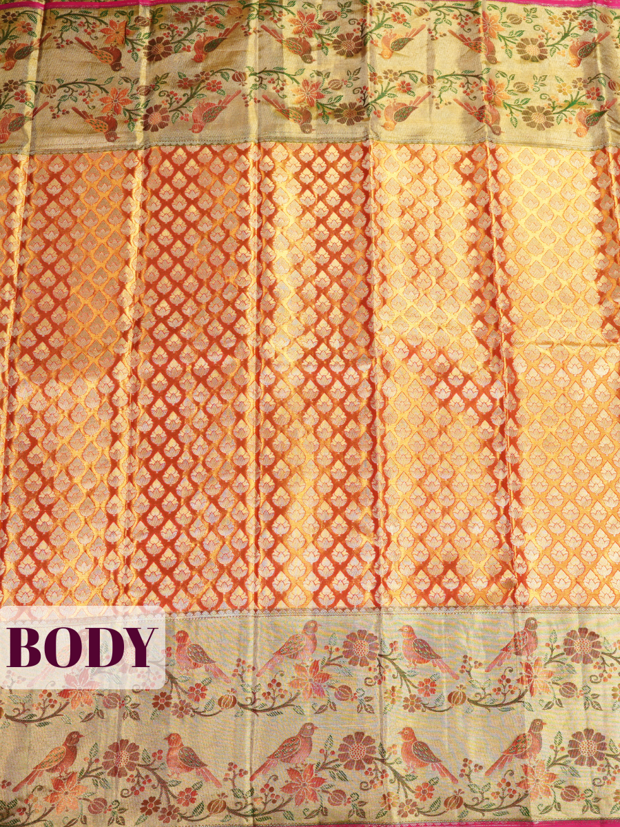 Orange Pure Kanjivaram Silk Saree with A Meenakari border with floral and bird motifs